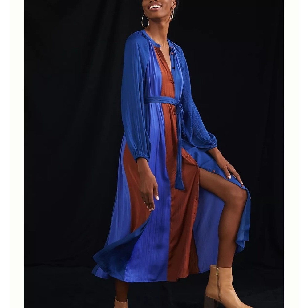 Maeve Anthropologie Colorblocked Midi Dress Large Blue Brown Pleated Puff Sleeve